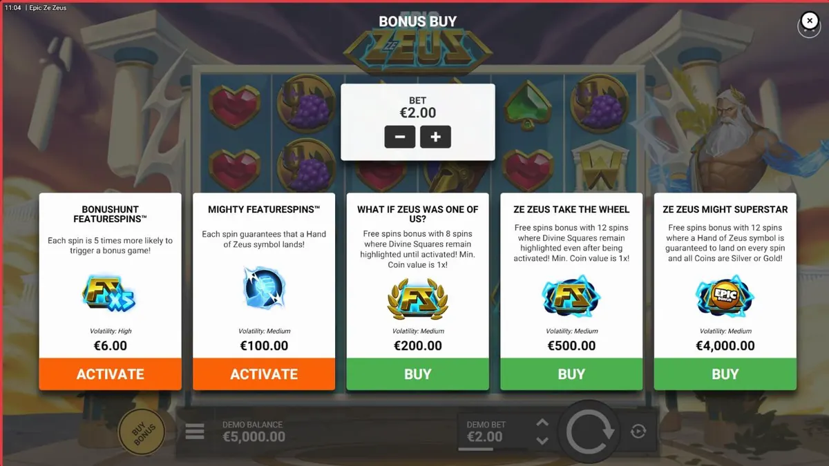 Tampilan visual slot Epic Ze Zeus dengan latar belakang kuil Yunani dan petir yang menyambar