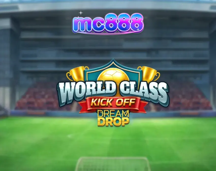 Tampilan antarmuka permainan slot World Class Kick Off Dream Drop dengan elemen stadion retro
